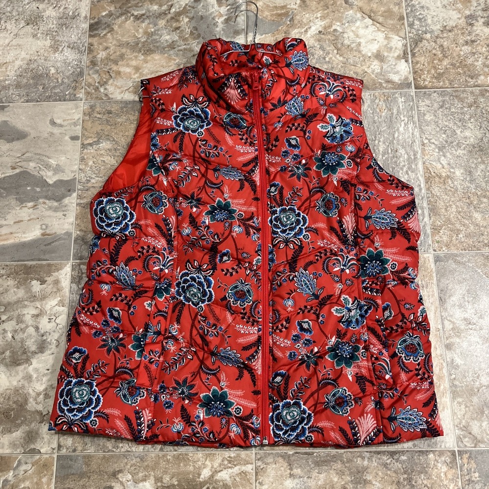 Lands' End New Vest Quilted Puffer Zip Front Red Blue Floral Women's Size L 14